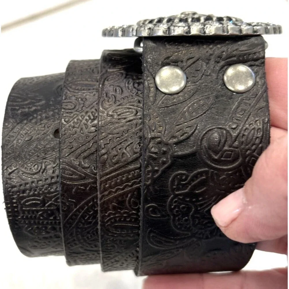 Fossil Women's  Brown Leather Belt Tooled Embossed Rhinestone Sz Med Boho